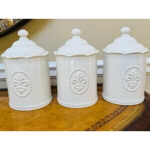 Embossed Fleur de Lis Ceramic White Distressed Lily Canisters with Lids Set of 3